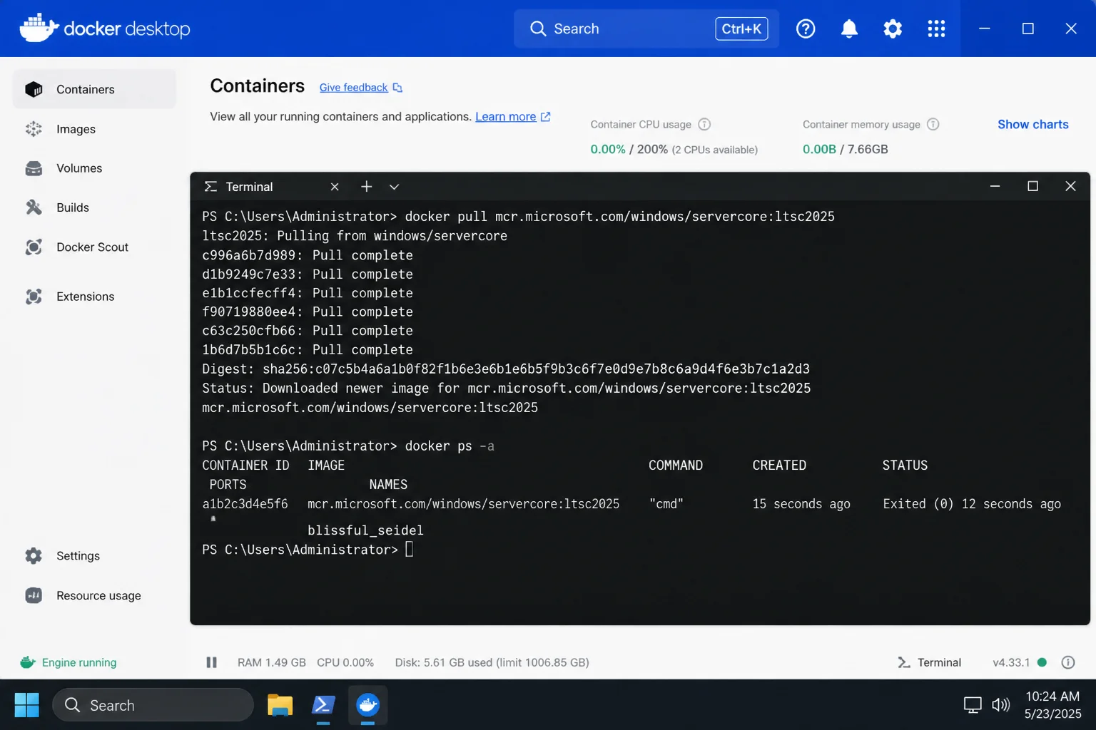 PowerShell output of docker pull for a Windows Server Core image followed by docker ps -a showing the exited container