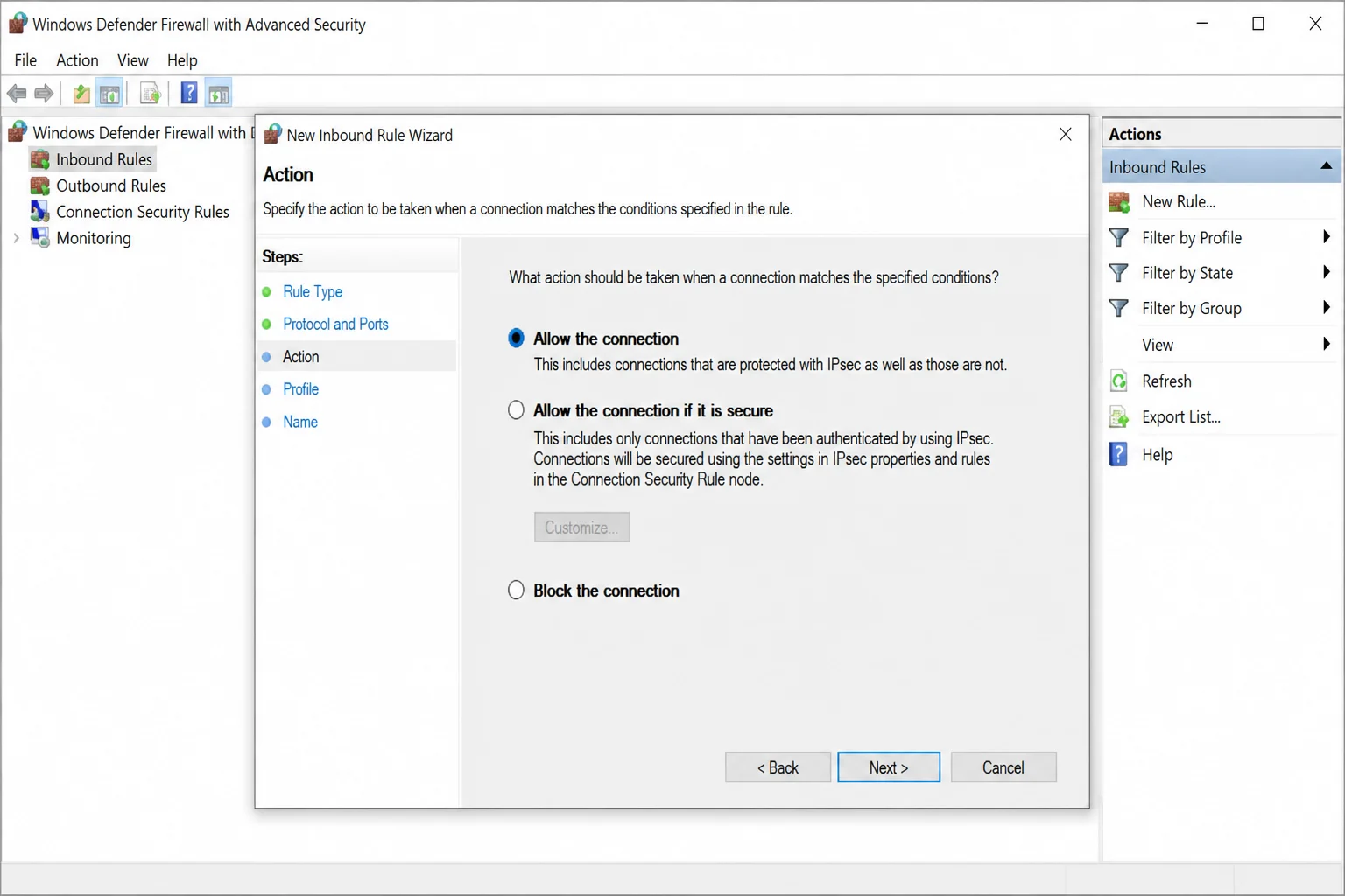 Windows Defender Firewall with Advanced Security showing the New Inbound Rule wizard with a specific TCP port entered and Allow the connection selected