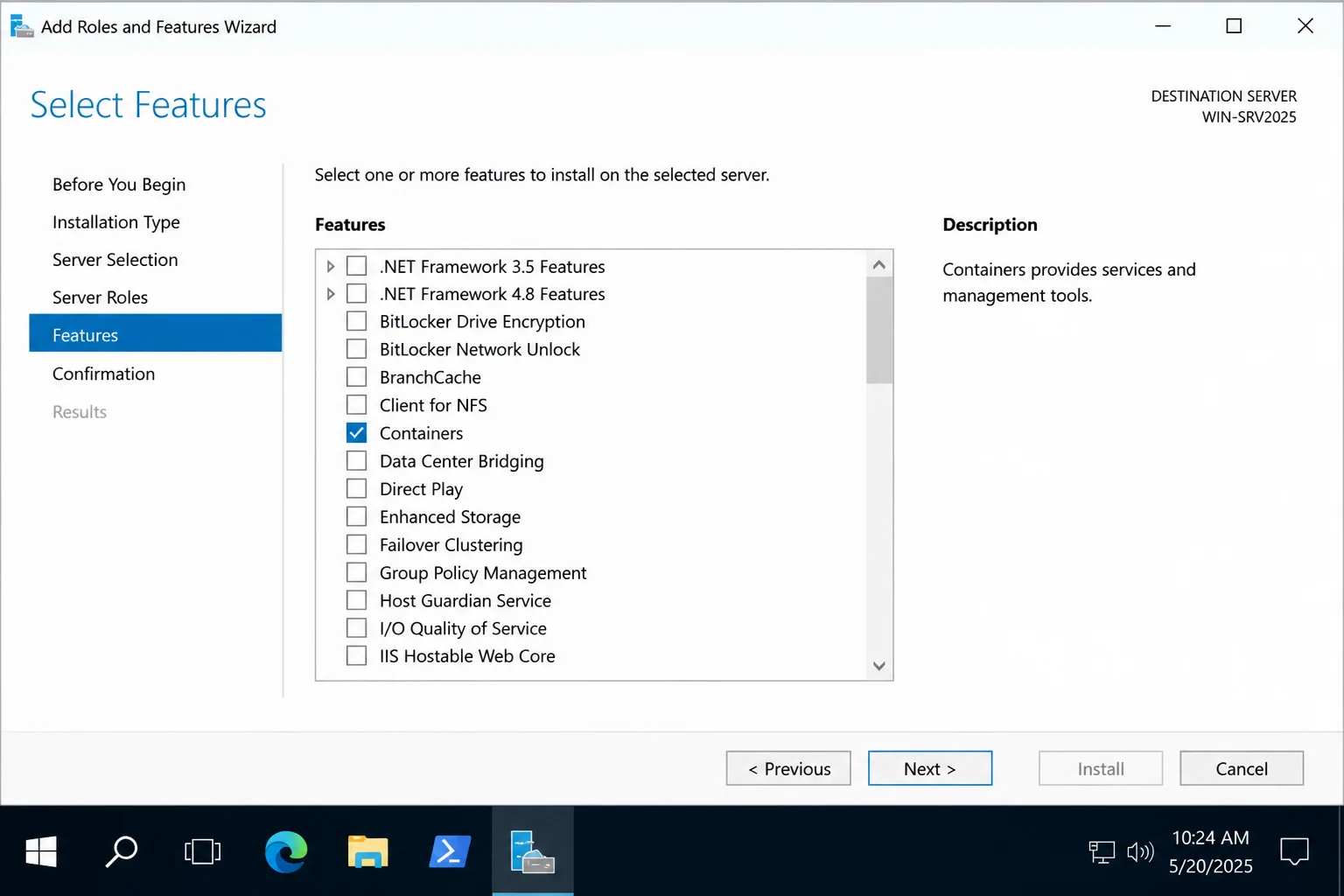 Server Manager's Add Roles and Features wizard on the Features selection screen with the Containers checkbox checked