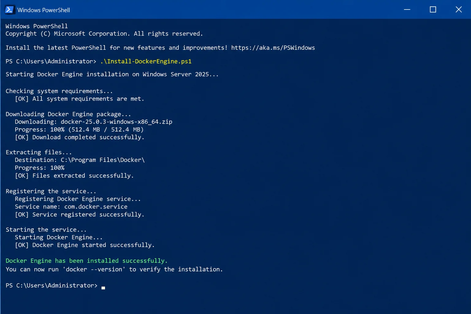 Elevated PowerShell window mid-run of install-docker-ce.ps1 showing download and installation progress