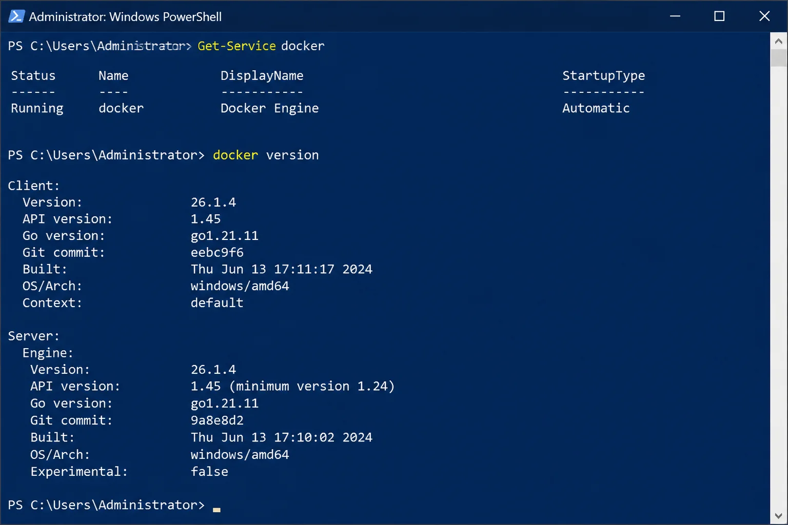 PowerShell output of Get-Service docker showing Running status followed by docker version output with Client and Server sections