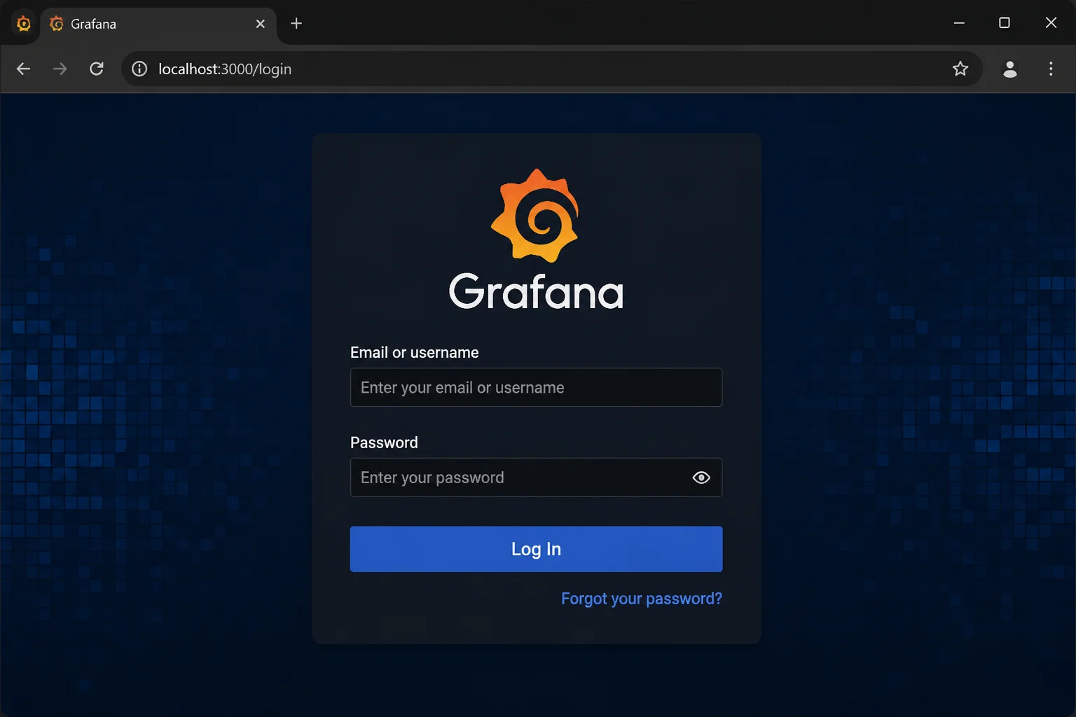 Grafana login page for the local self-hosted instance, showing the username and password fields and Grafana logo