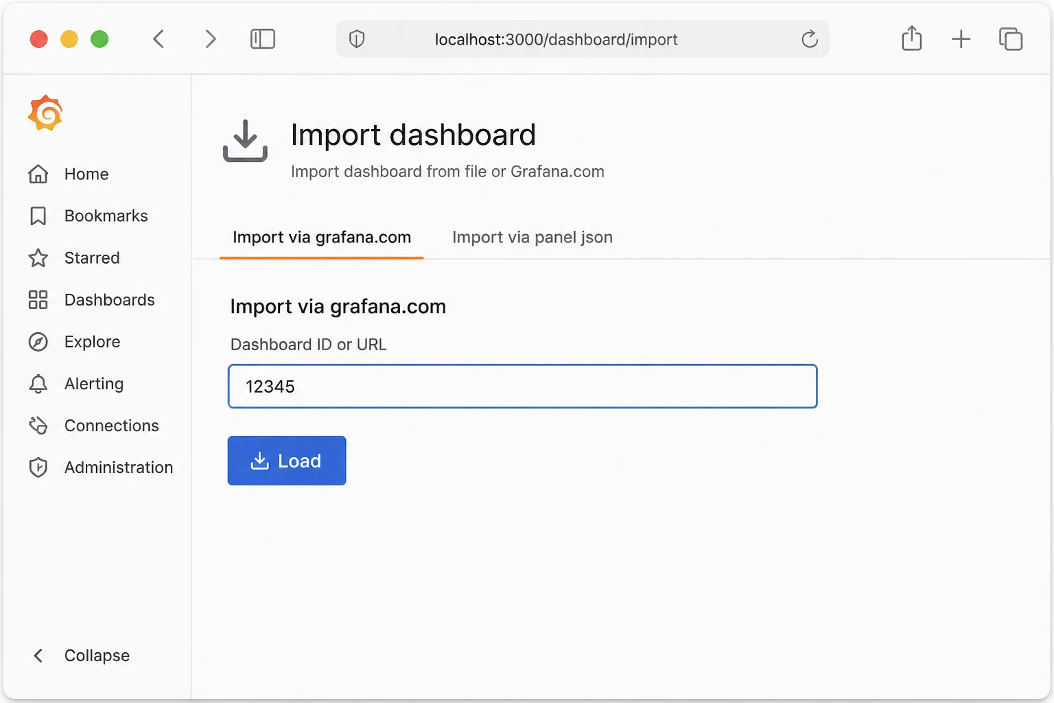 Grafana dashboard import screen with a dashboard ID entered in the "Import via grafana.com" field and a Load button visible