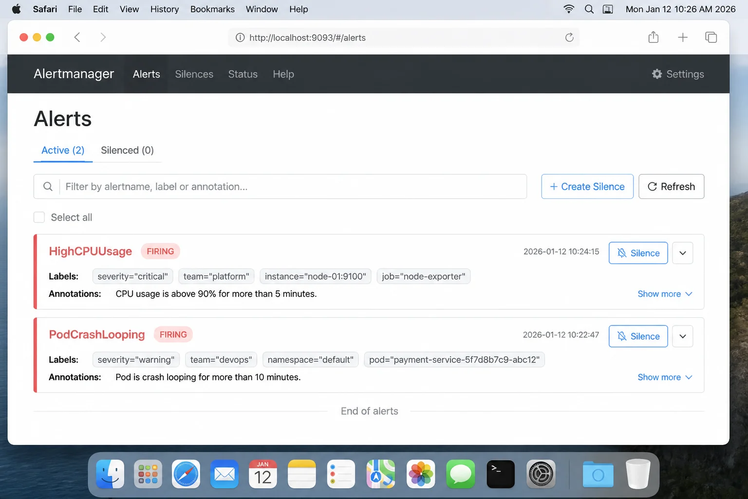 Alertmanager web UI showing the active alerts list and a Silence button for managing acknowledged alerts