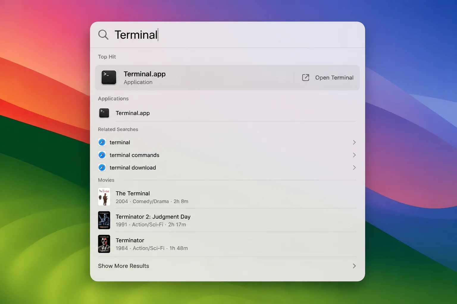 macOS Spotlight search open with "Terminal" typed, about to launch Terminal.app from Applications > Utilities