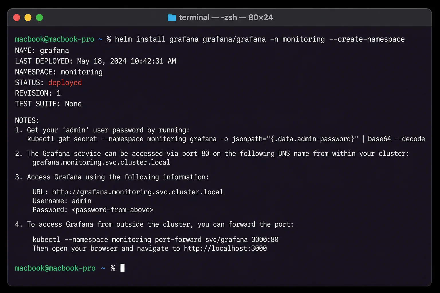 Terminal window showing successful helm install output with STATUS: deployed and the NOTES section listing Grafana access instructions