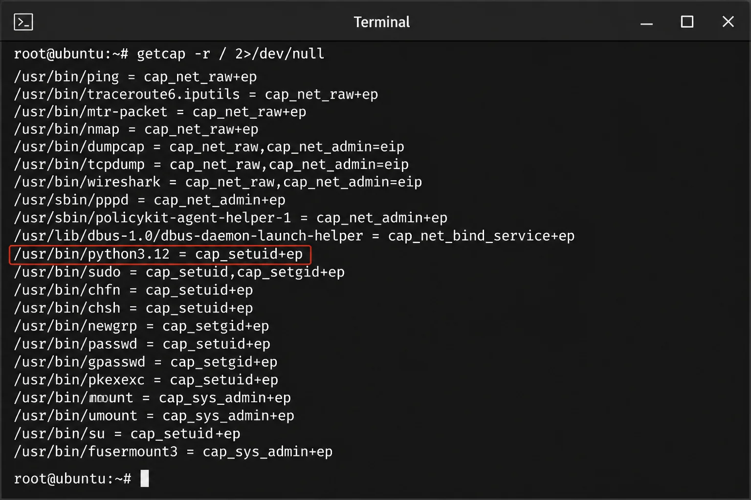 Terminal output of `getcap -r / ` showing multiple file capability entries including a cap_setuid grant on python3.12