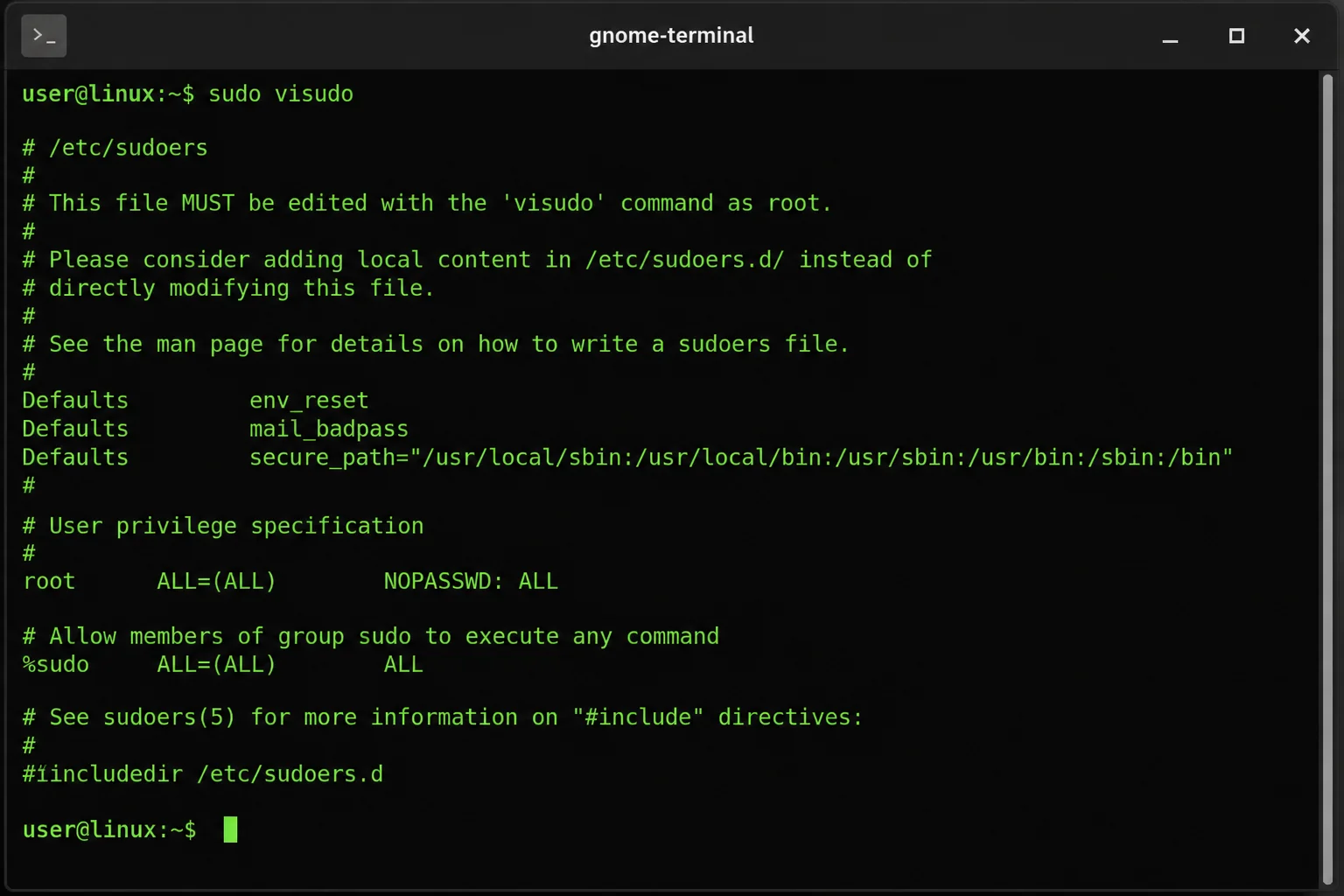 Terminal showing visudo open in the default editor with the contents of /etc/sudoers visible, including a NOPASSWD entry