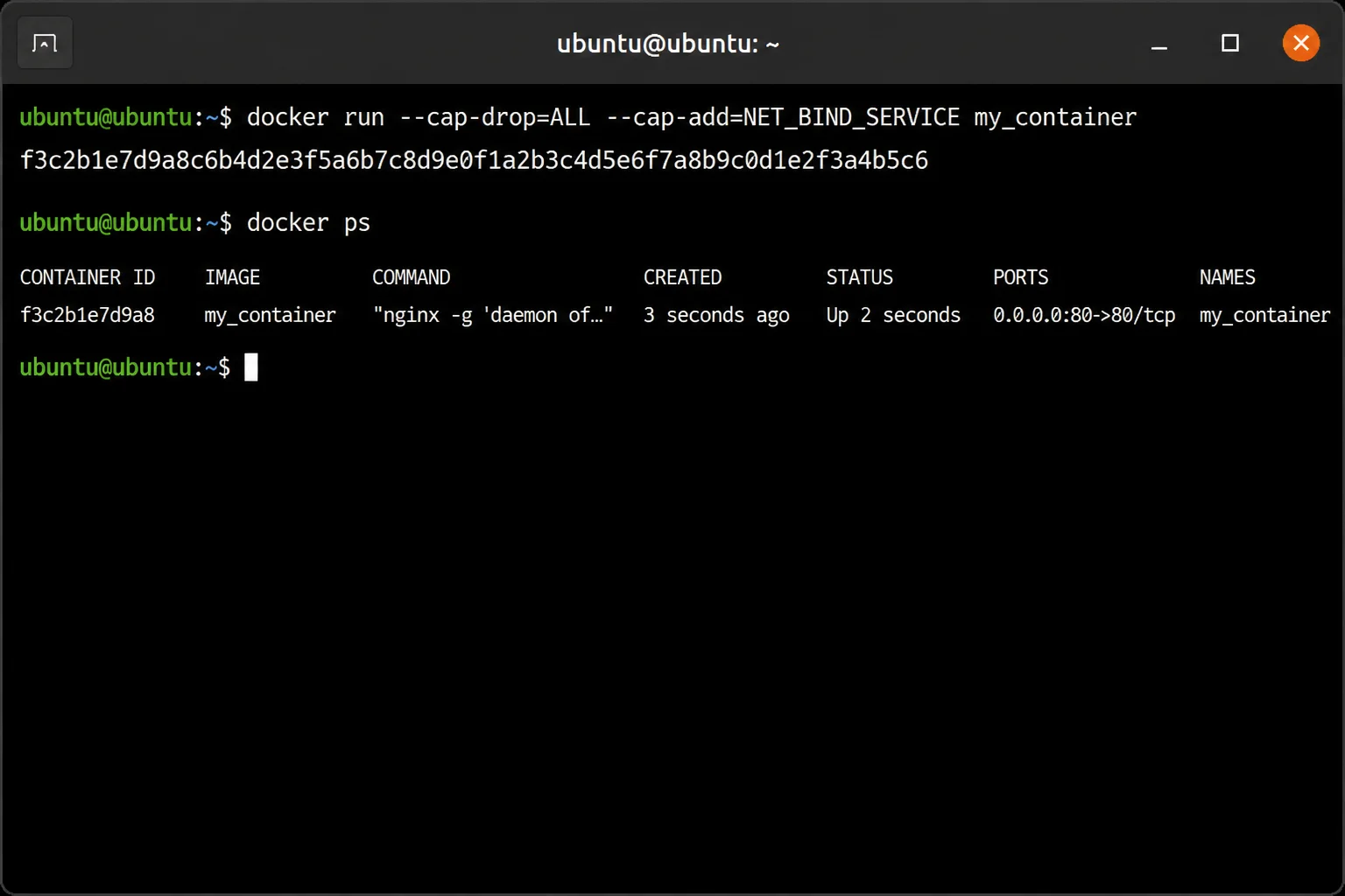 Terminal showing a docker run command with --cap-drop=ALL and --cap-add=NET_BIND_SERVICE flags, followed by `docker ps` confirming the container started successfully