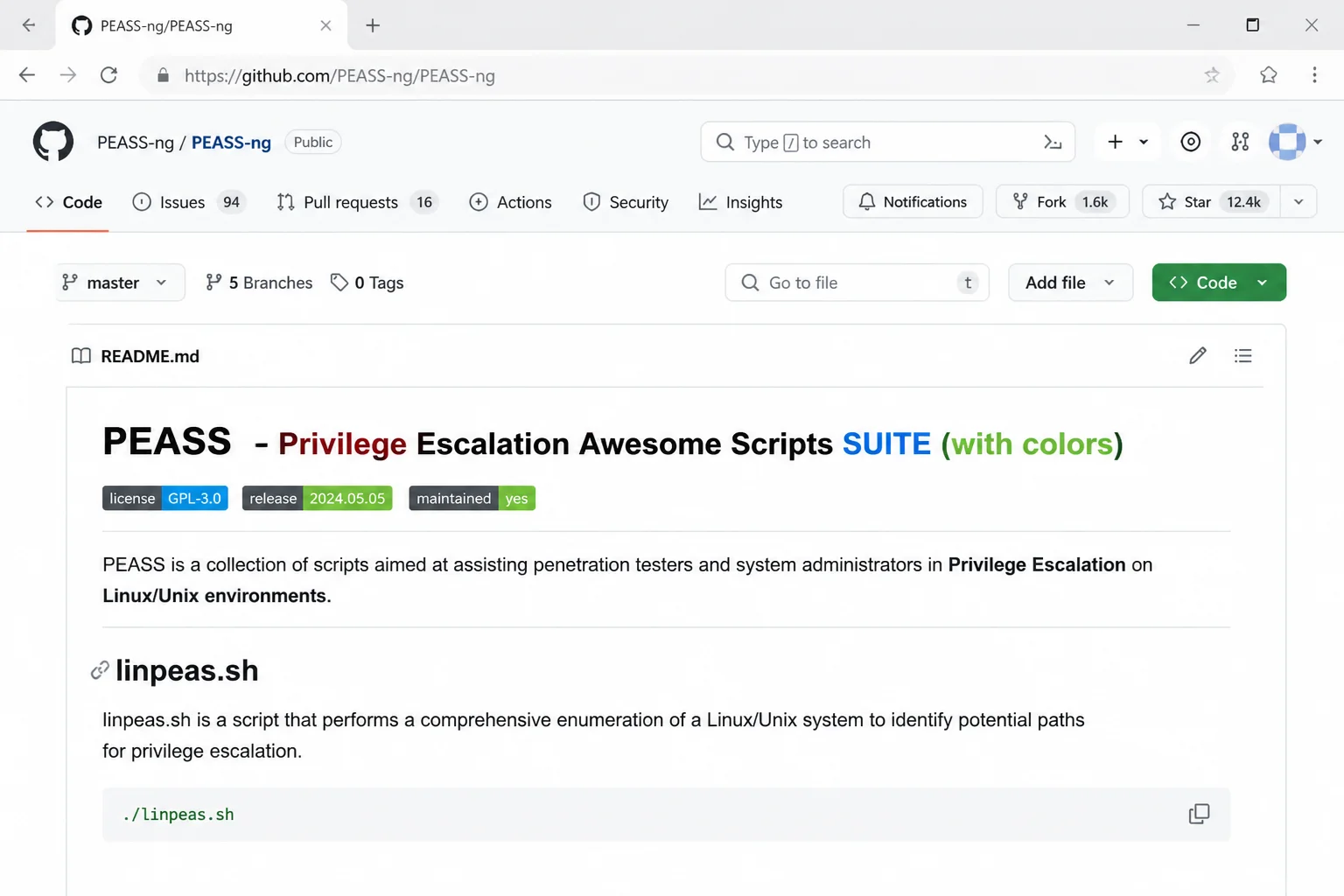 PEASS-ng GitHub repository README page at github.com/carlospolop/PEASS-ng showing the project description and linpeas.sh file listing