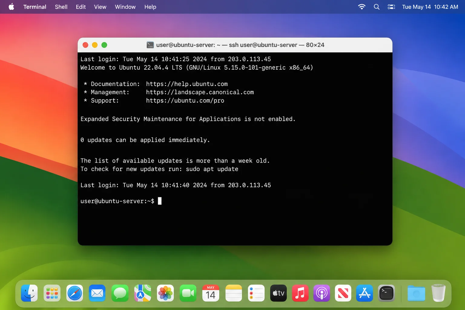 macOS desktop with Terminal.app open and an active SSH session connected to the Linux server, prompt showing the remote hostname