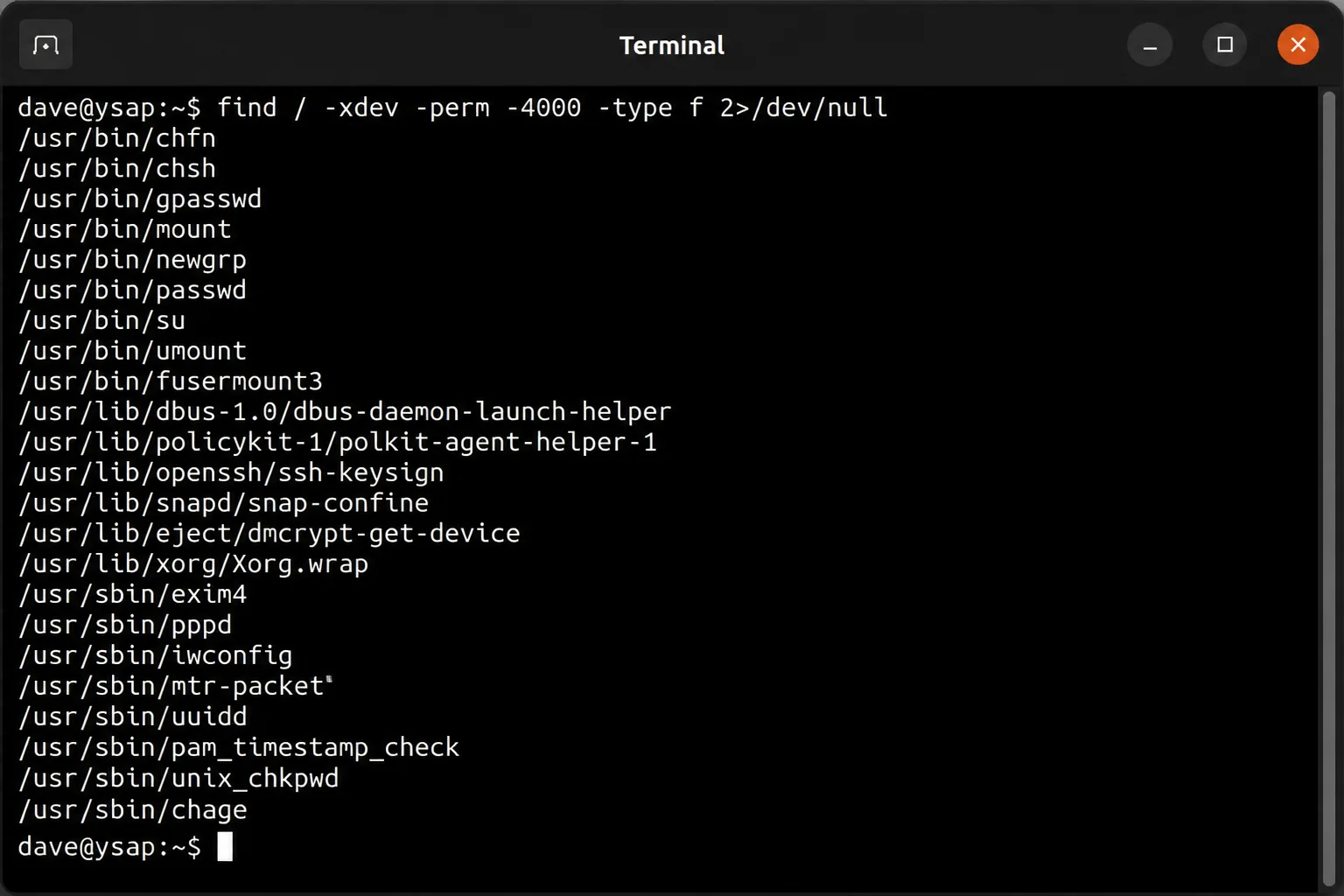Terminal output of `find / -xdev -perm -4000 -type f ` listing SUID binaries on an Ubuntu 24.04 server