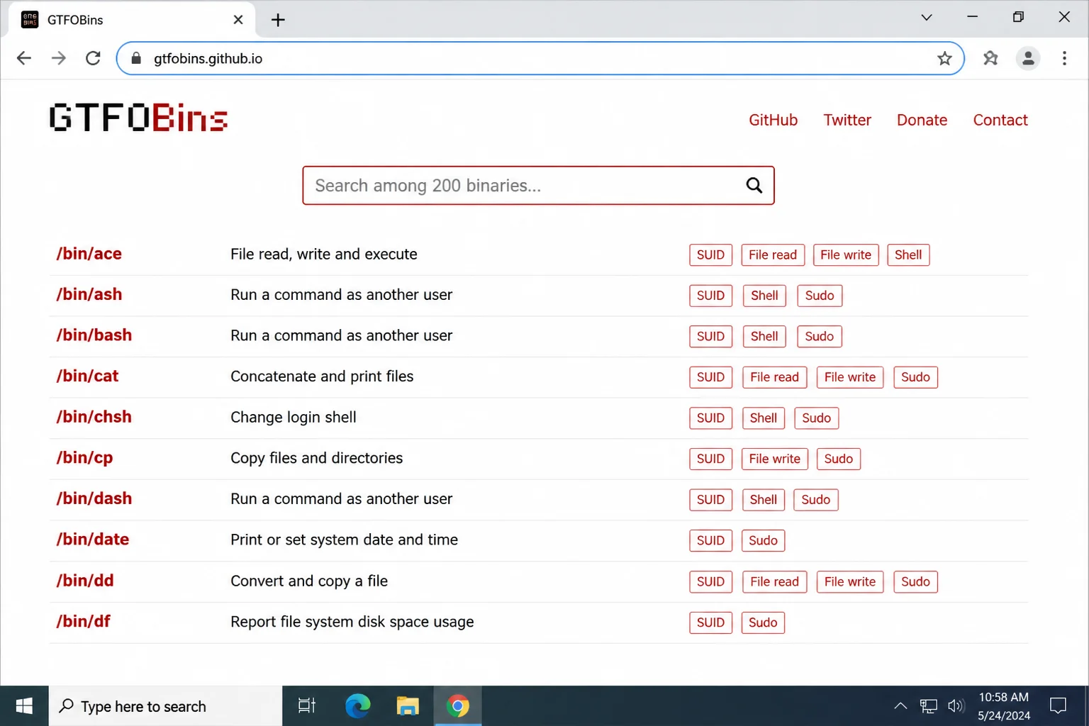 GTFOBins homepage at gtfobins.github.io showing the searchable list of Unix binaries with function tags including SUID, Sudo, and Capabilities