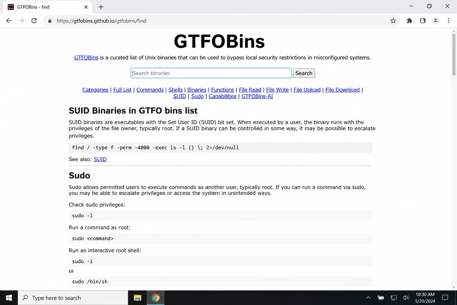 GTFOBins entry page for the find binary at gtfobins.github.io/gtfobins/find showing the SUID and Sudo exploitation sections