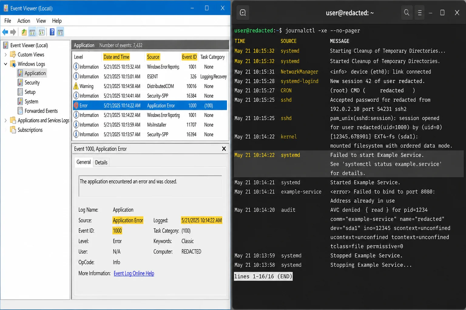 Side-by-side disposable lab view showing one harmless Linux journal event and one Windows Event Log entry with timestamps and sources highlighted and all identifying or sensitive data redacted