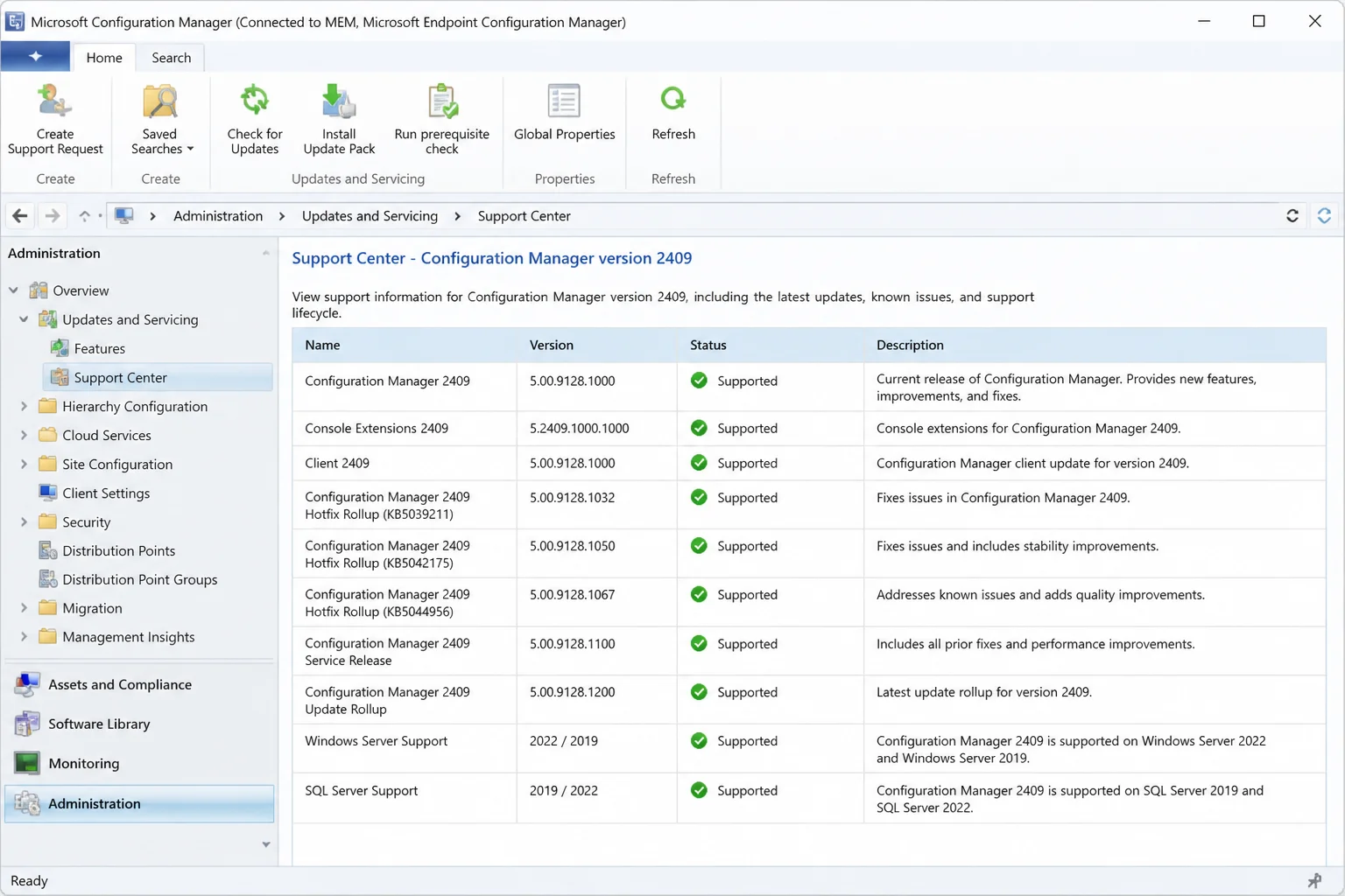 Configuration Manager support table with Windows Server 2025 version 2409 and table headings highlighted