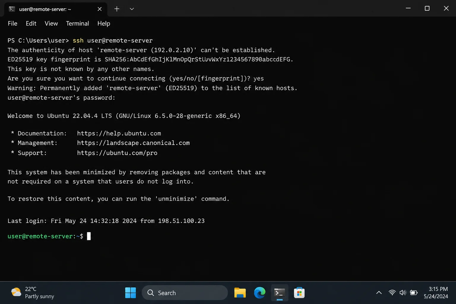 Windows 11 administration workstation showing a redacted terminal with an SSH session and an approved Windows management application available