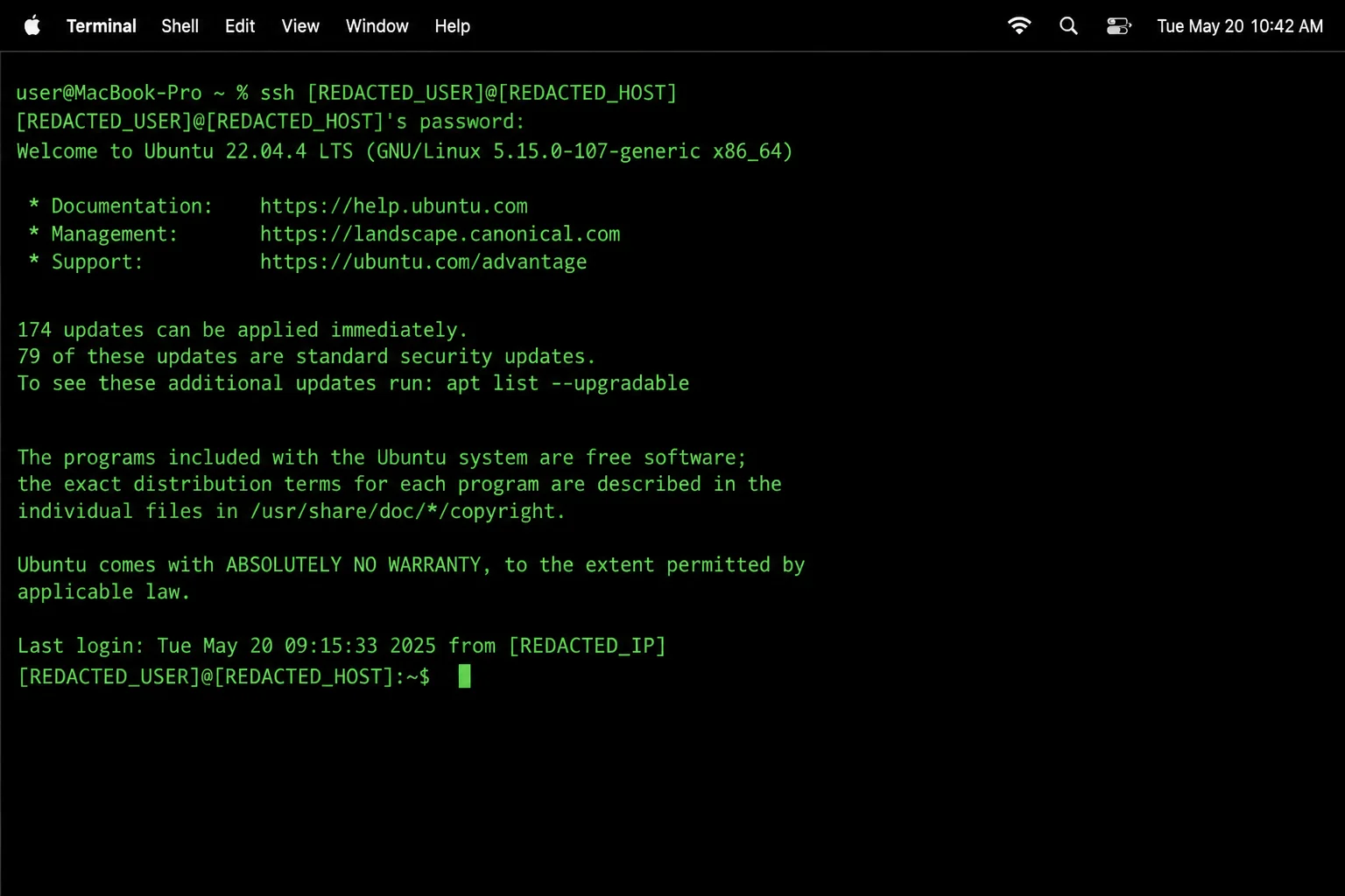 macOS administration workstation showing Terminal with redacted SSH and PowerShell 7 sessions and no identifying server or account details