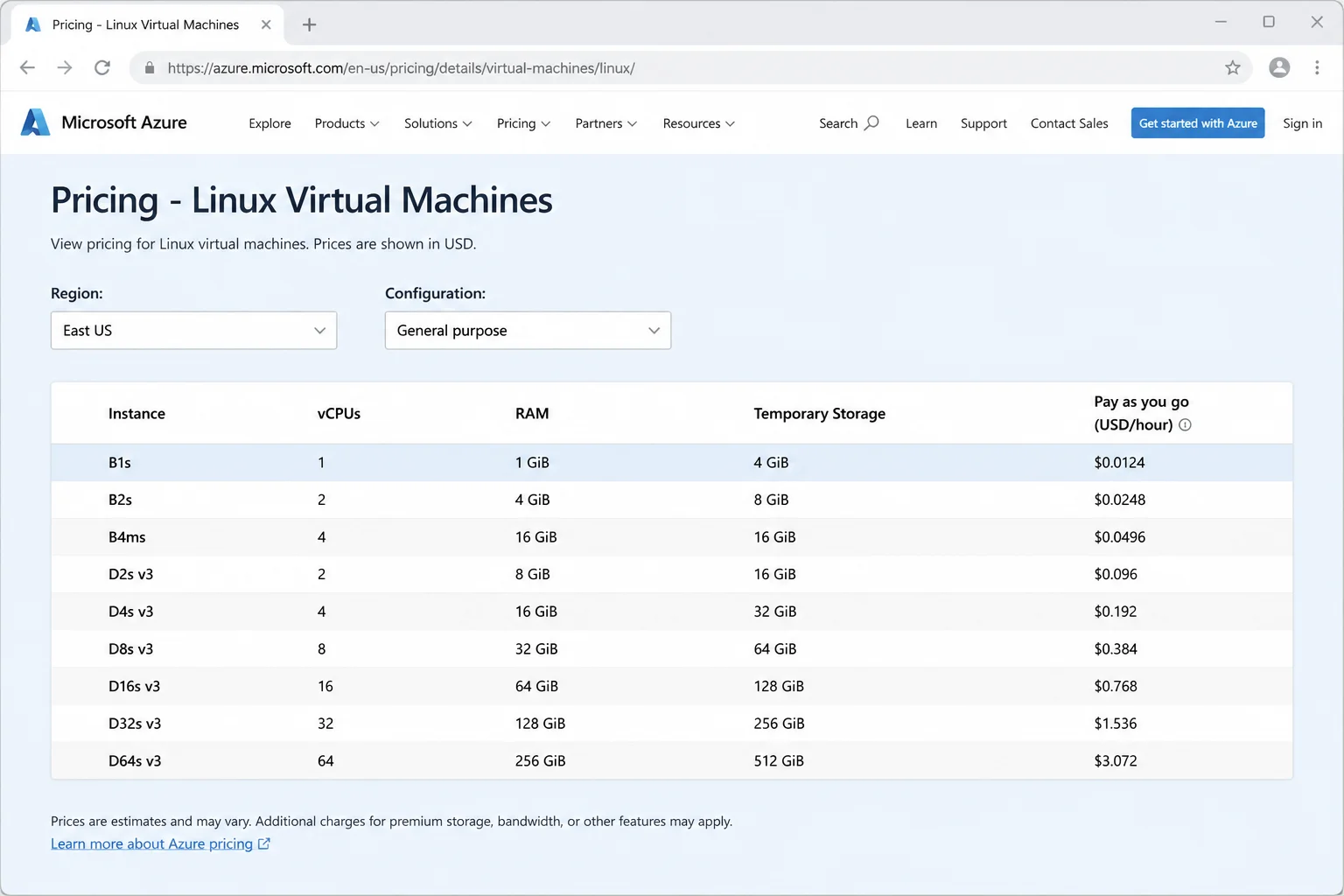 Azure Linux Virtual Machines pricing page with heading region or configuration controls and variable-pricing context visible