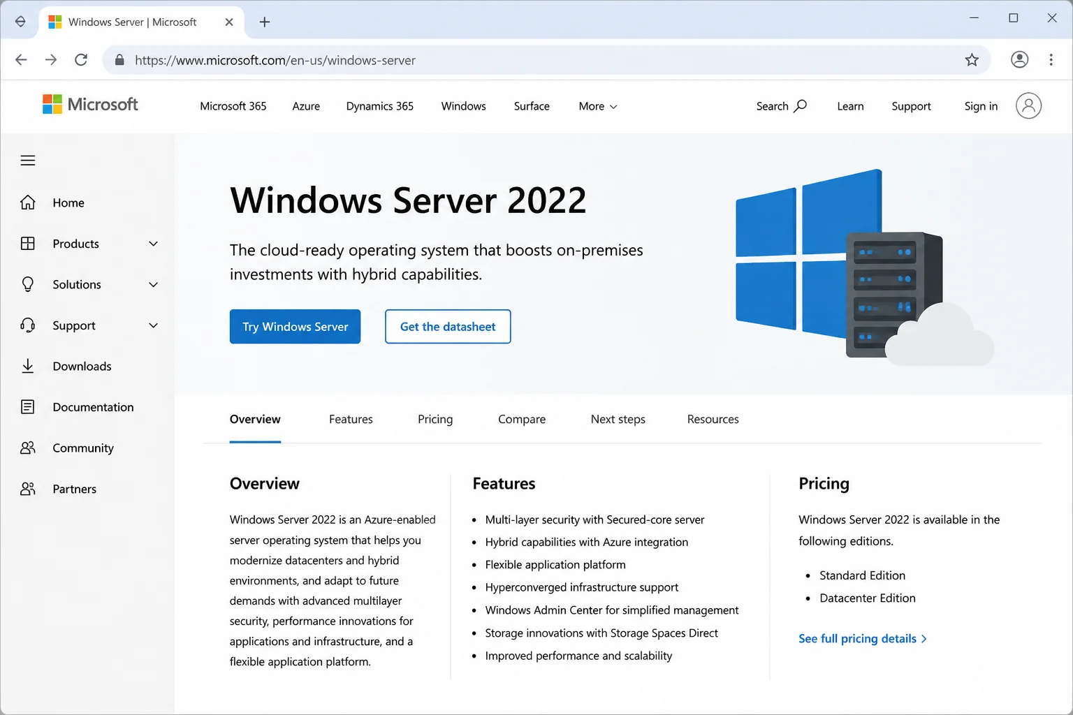Microsoft Windows Server public overview with the current product name and page URL visible