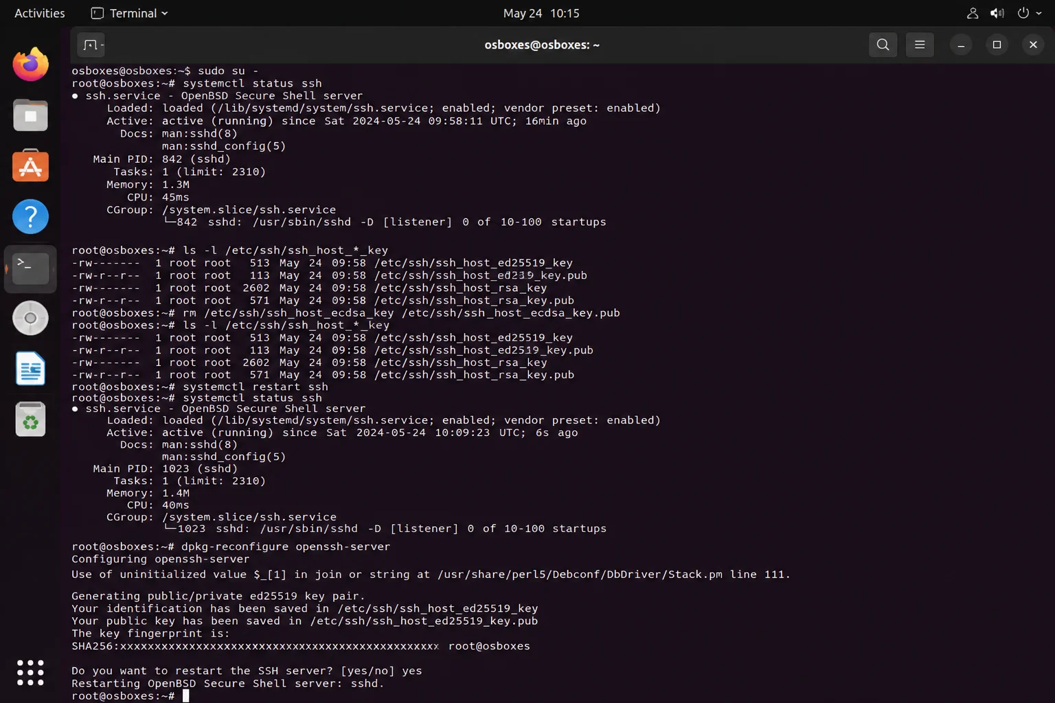 Redacted SSH session in a disposable lab showing Linux distribution identification with no real username hostname IP address domain key or repository credential