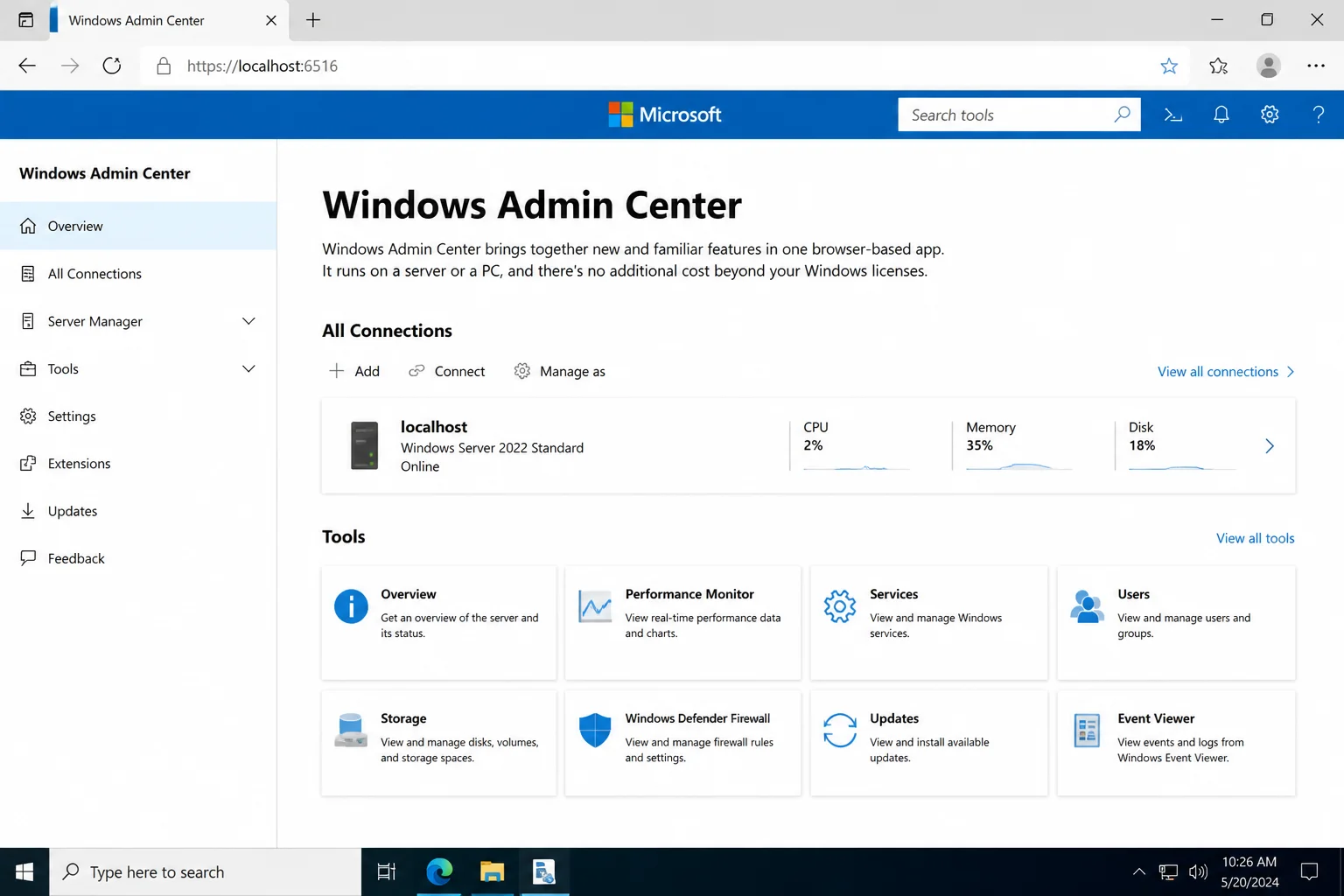 Public Windows Admin Center page with its heading and current management description visible