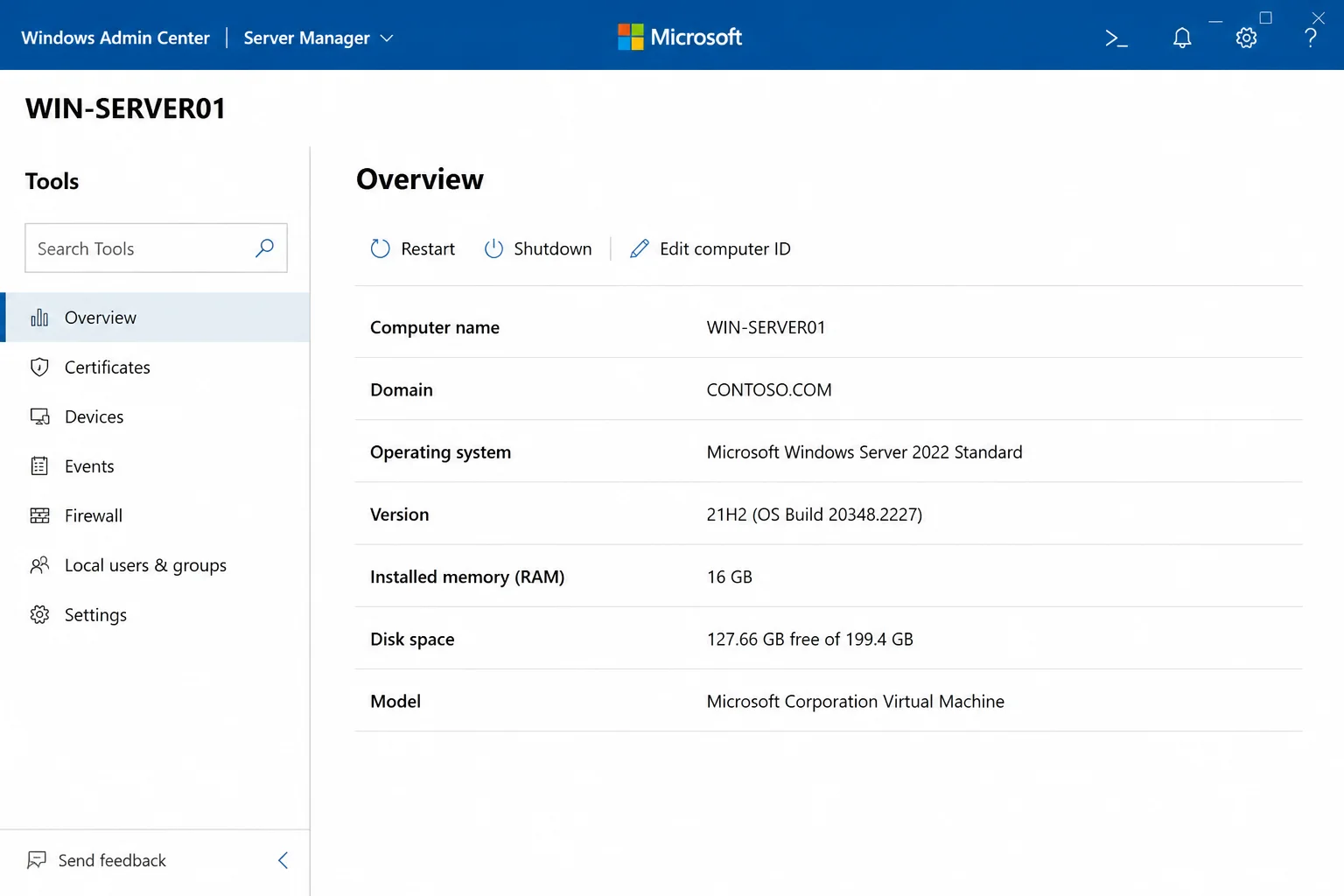 Authorized disposable lab Windows Admin Center server overview with navigation and monitoring categories visible and all server names domains IP addresses users certificates and tenant data redacted
