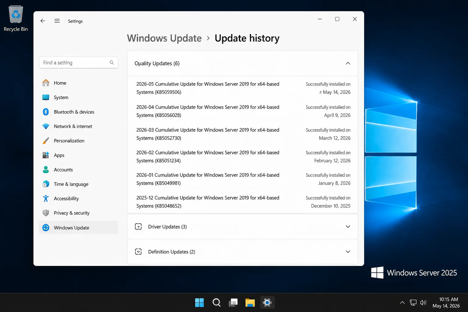 Windows Update or enterprise update-management history showing the successfully installed source cumulative update and installation date with server identity redacted