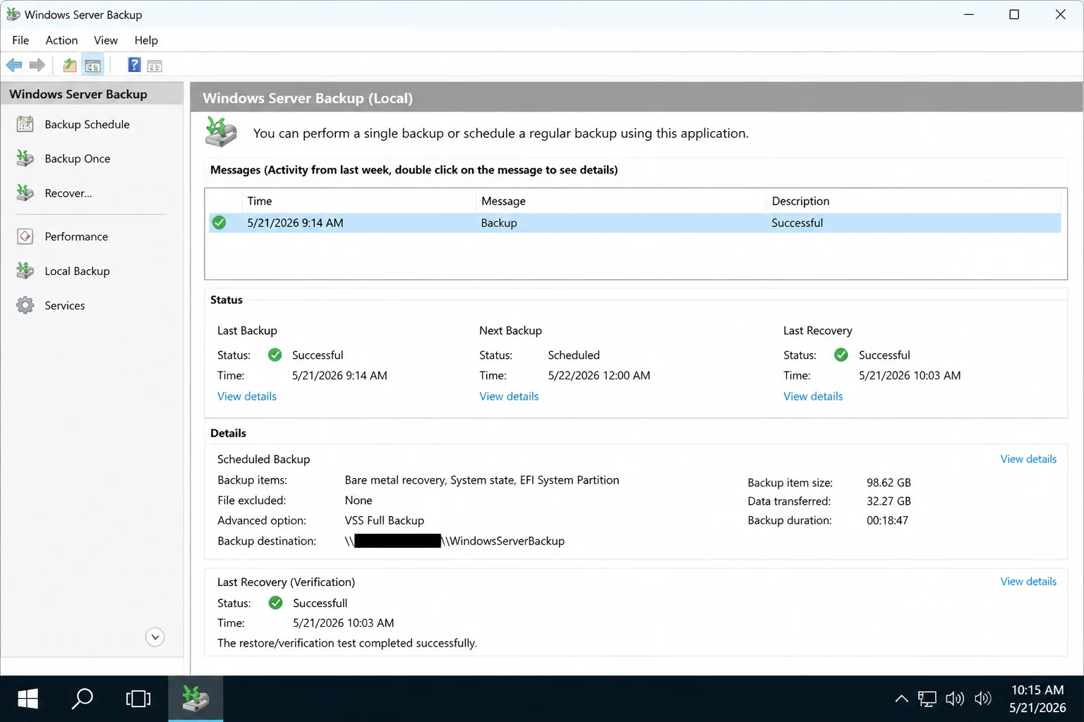 Vendor-neutral backup console showing a successful full backup plus a successful restore test with repository, server, usernames, and business data redacted
