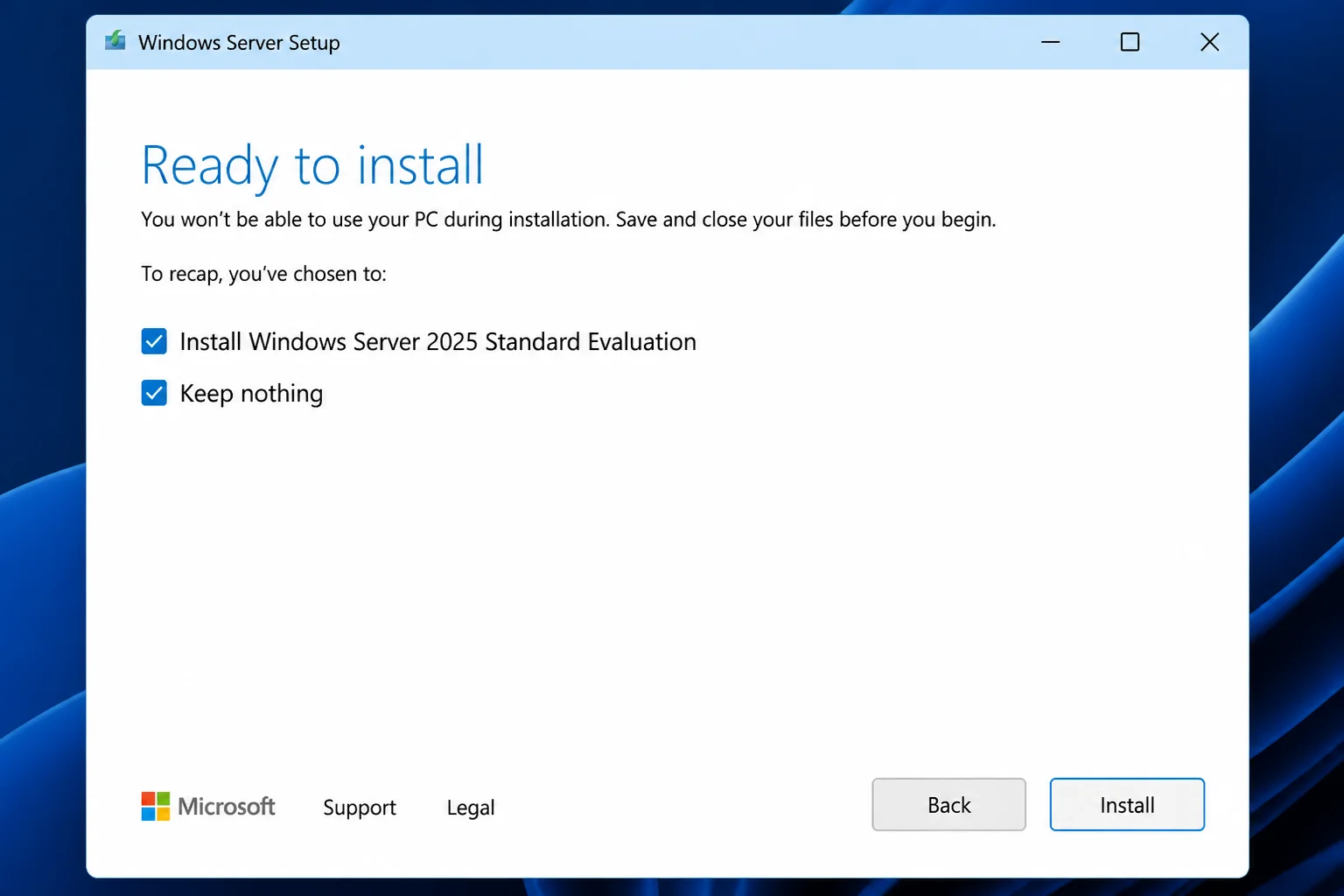 Windows Server 2025 Setup readiness or compatibility screen from a test environment with hostnames, domain details, product keys, and business data redacted