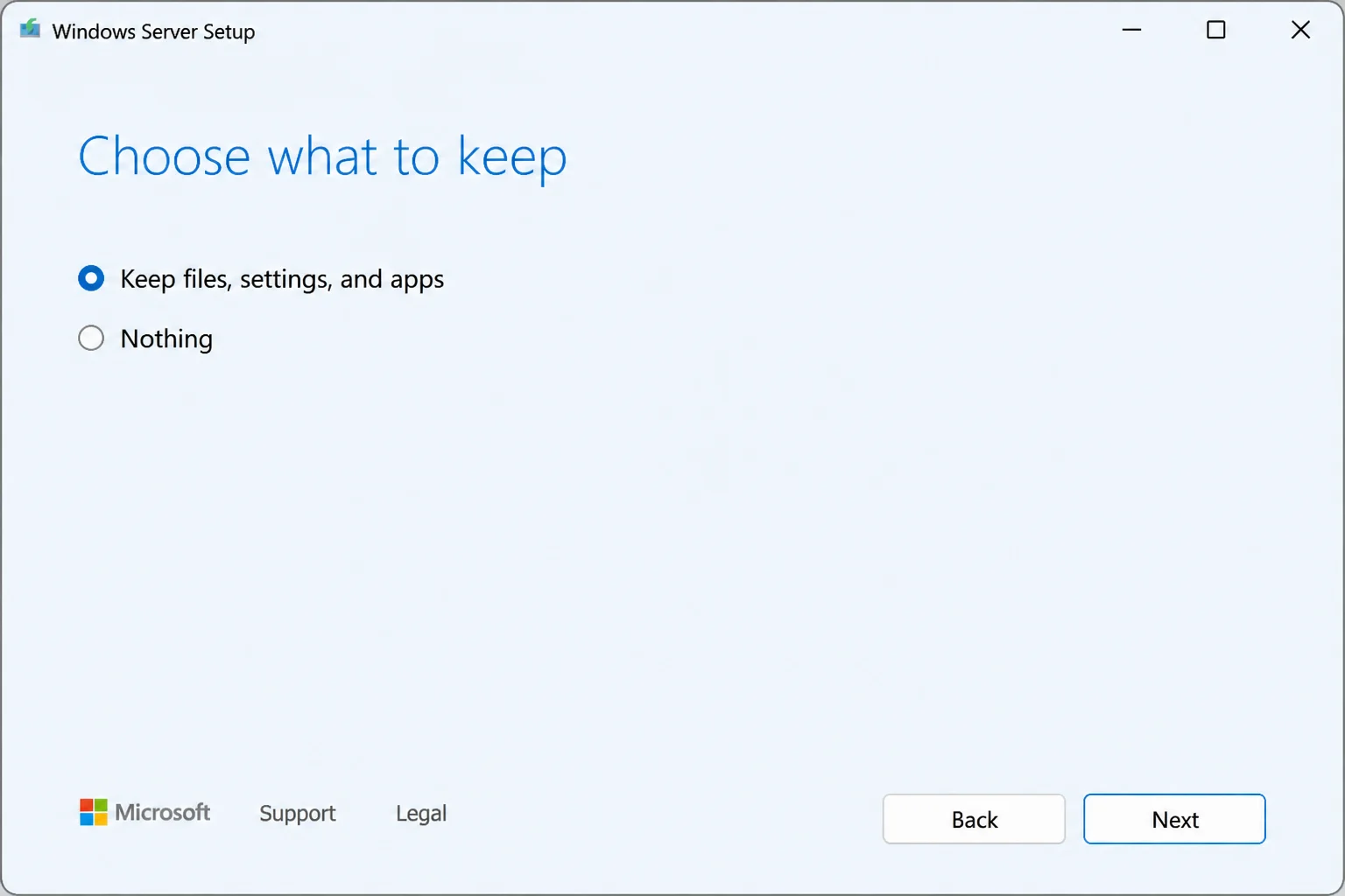 Windows Server 2025 Setup Choose what to keep screen showing the supported retain-files-settings-and-apps option in a reproducible test environment