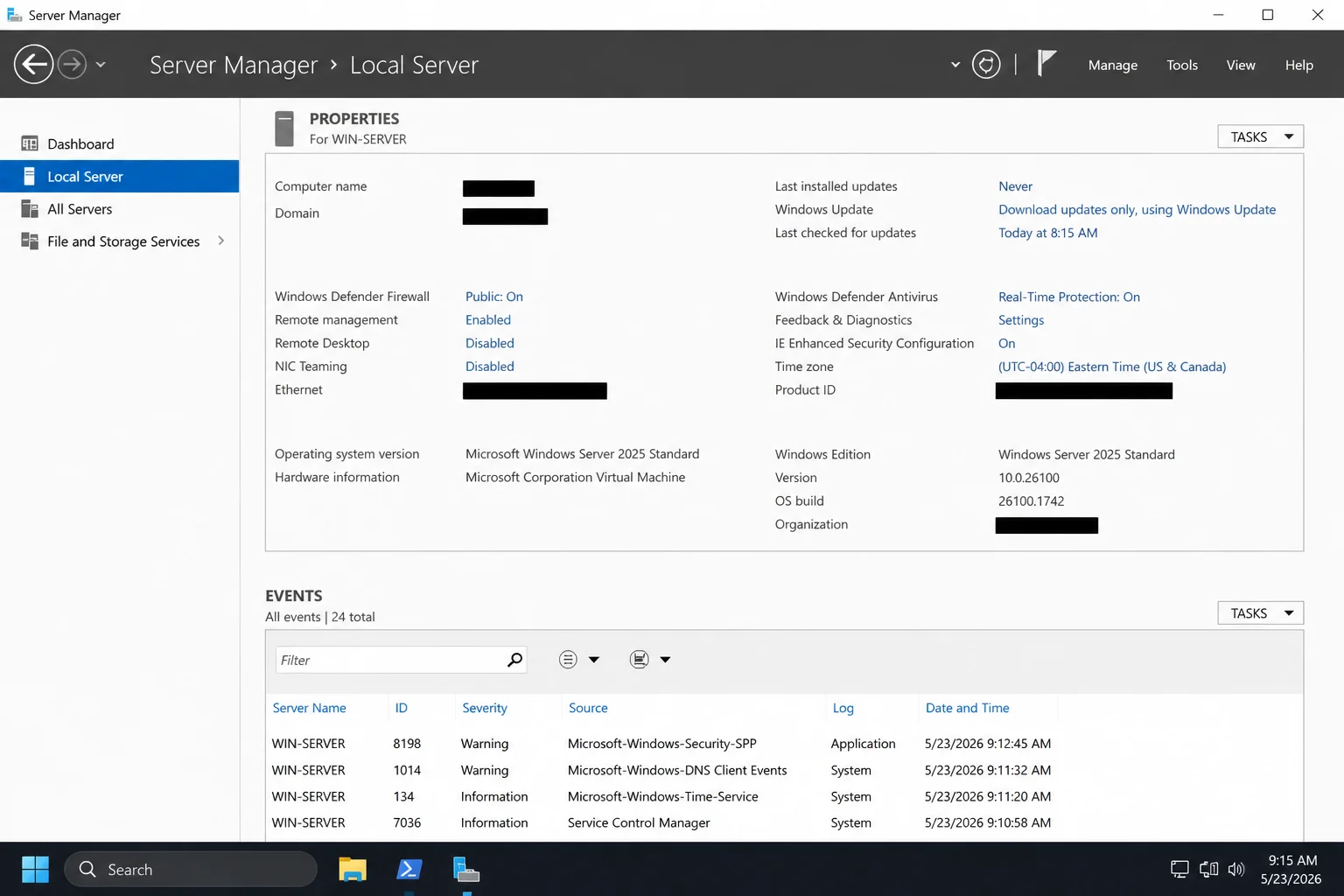 Server Manager Local Server page on the patched Windows Server 2025 destination with hostname, domain, IP address, product ID, and organization details redacted
