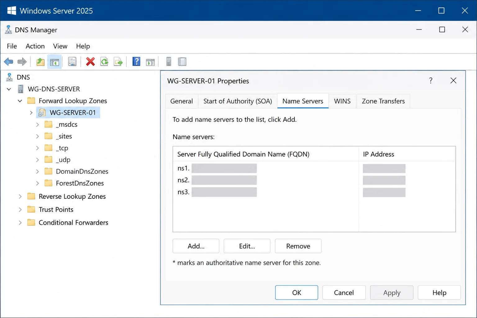 DNS Manager on the Windows Server 2025 destination showing a stable AD-integrated zone and service-record folders with names and IP addresses redacted