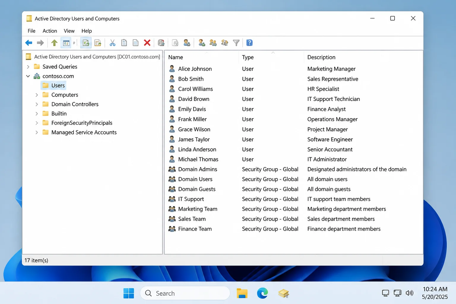 Active Directory Users and Computers connected to the Windows Server 2025 domain controller with domain, users, groups, and computer names redacted