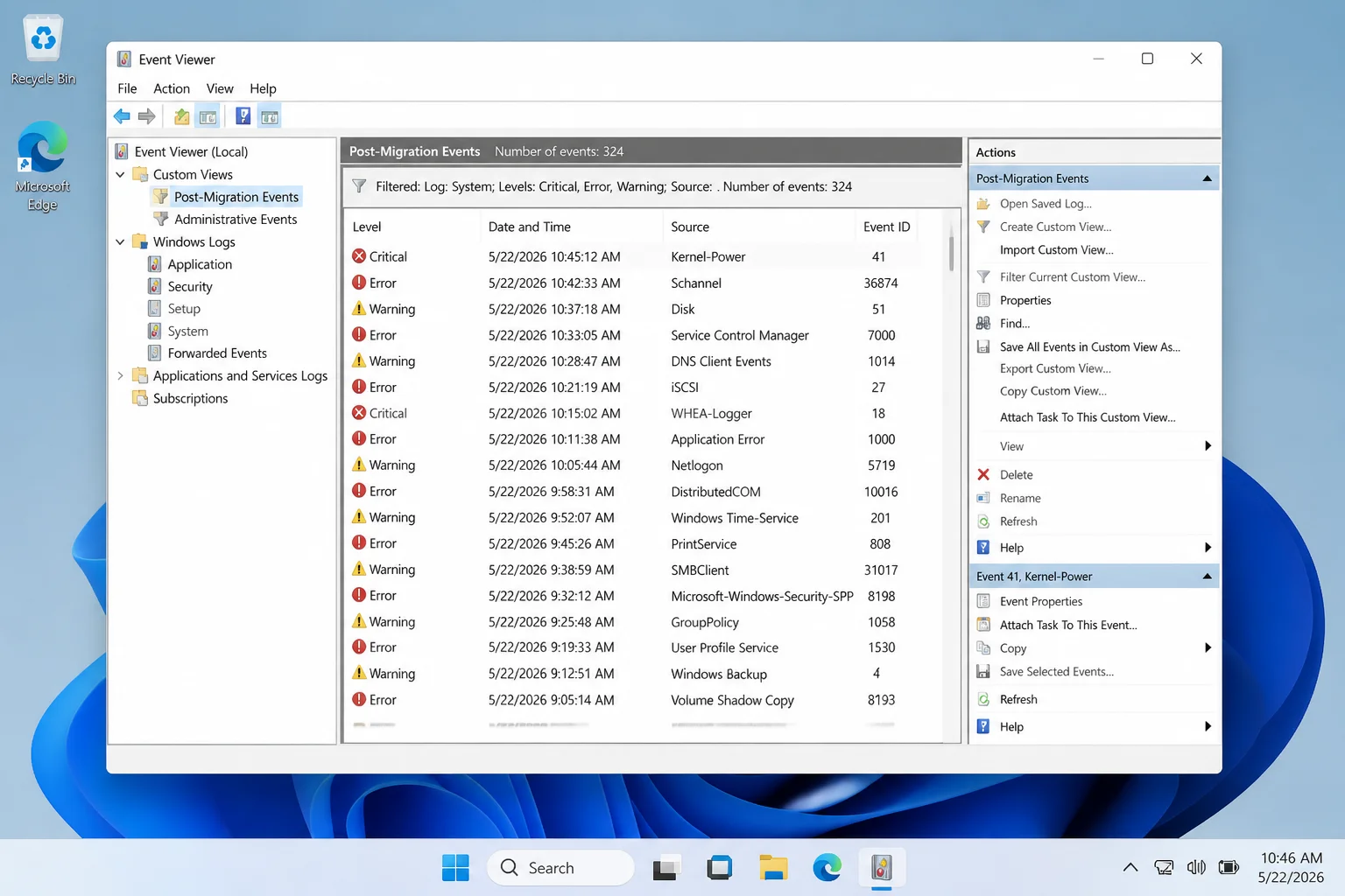 Event Viewer Custom View filtered to Critical, Error, and Warning events after migration with computer names, usernames, domains, and application data redacted