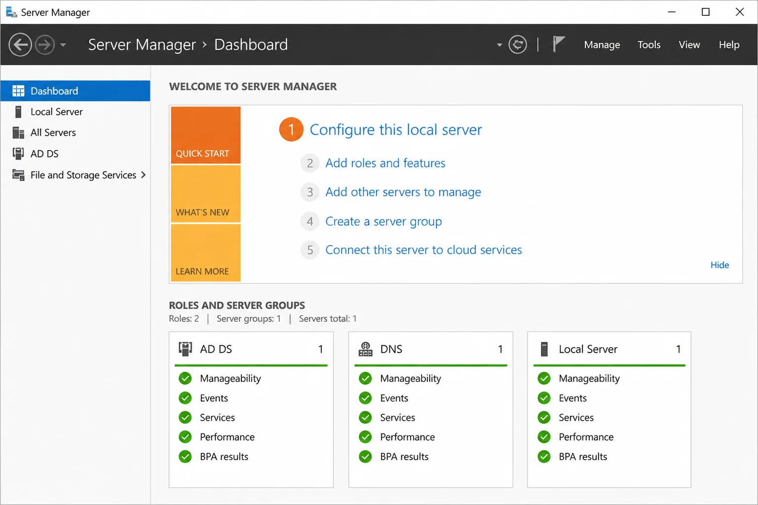 Server Manager on the Windows Server 2025 destination showing intended roles installed and all managed-server status tiles healthy with identifying details redacted