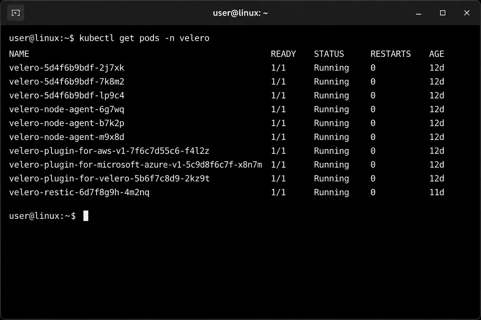 Terminal output of `kubectl get pods -n velero` showing the velero deployment and node-agent pods with Running status