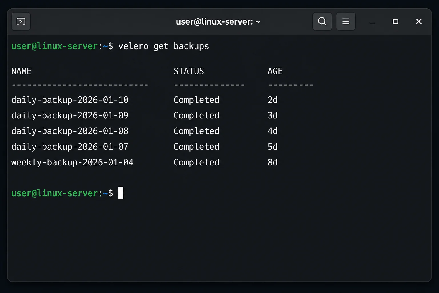 Terminal output of `velero get backups` showing a backup with STATUS Completed