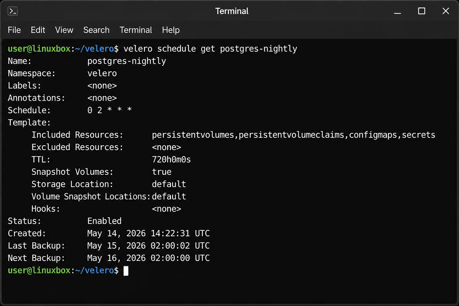 Terminal output confirming `velero schedule create` and `velero schedule get` showing the postgres-nightly schedule with cron expression and TTL