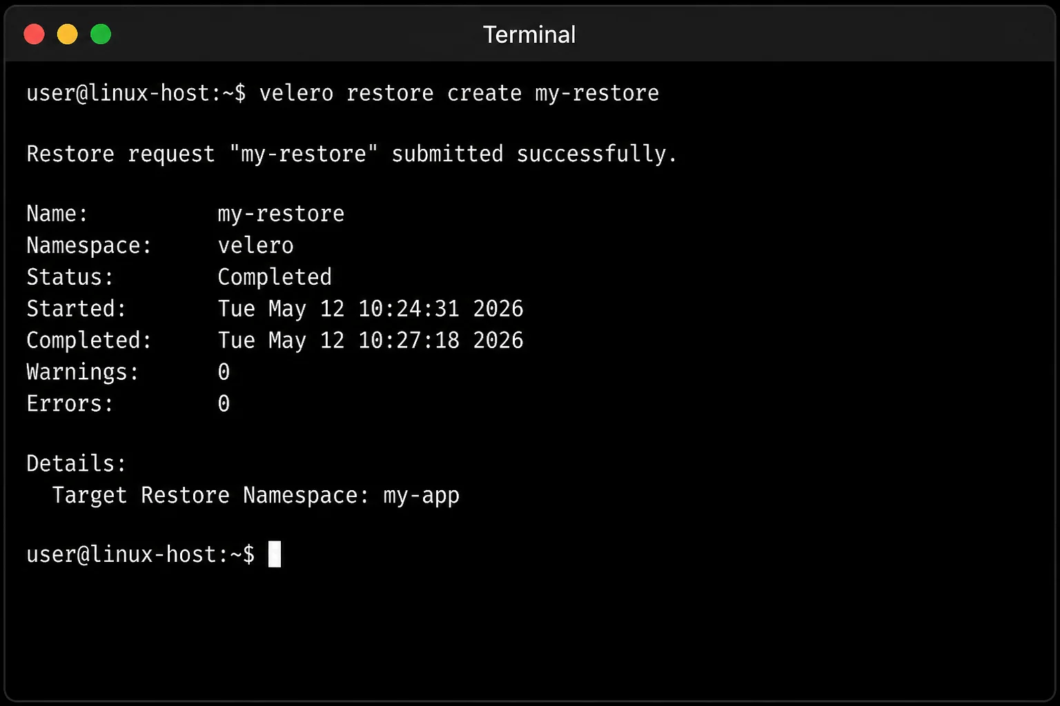 Terminal output of `velero restore create` followed by `velero get restores` showing STATUS Completed and the target restore namespace