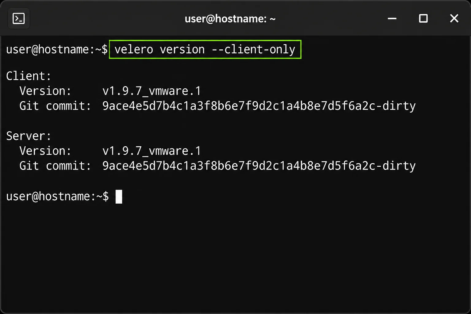 Terminal showing `velero version --client-only` output confirming the CLI is installed