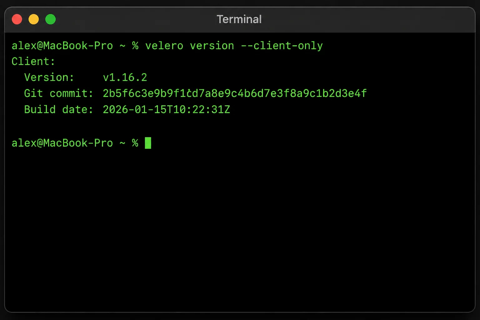 Terminal.app showing `velero version --client-only` output confirming the CLI is installed