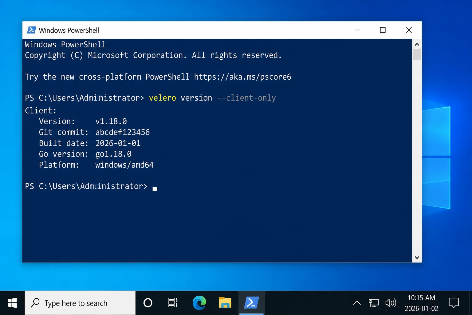 PowerShell window showing `velero version --client-only` output confirming the CLI is installed