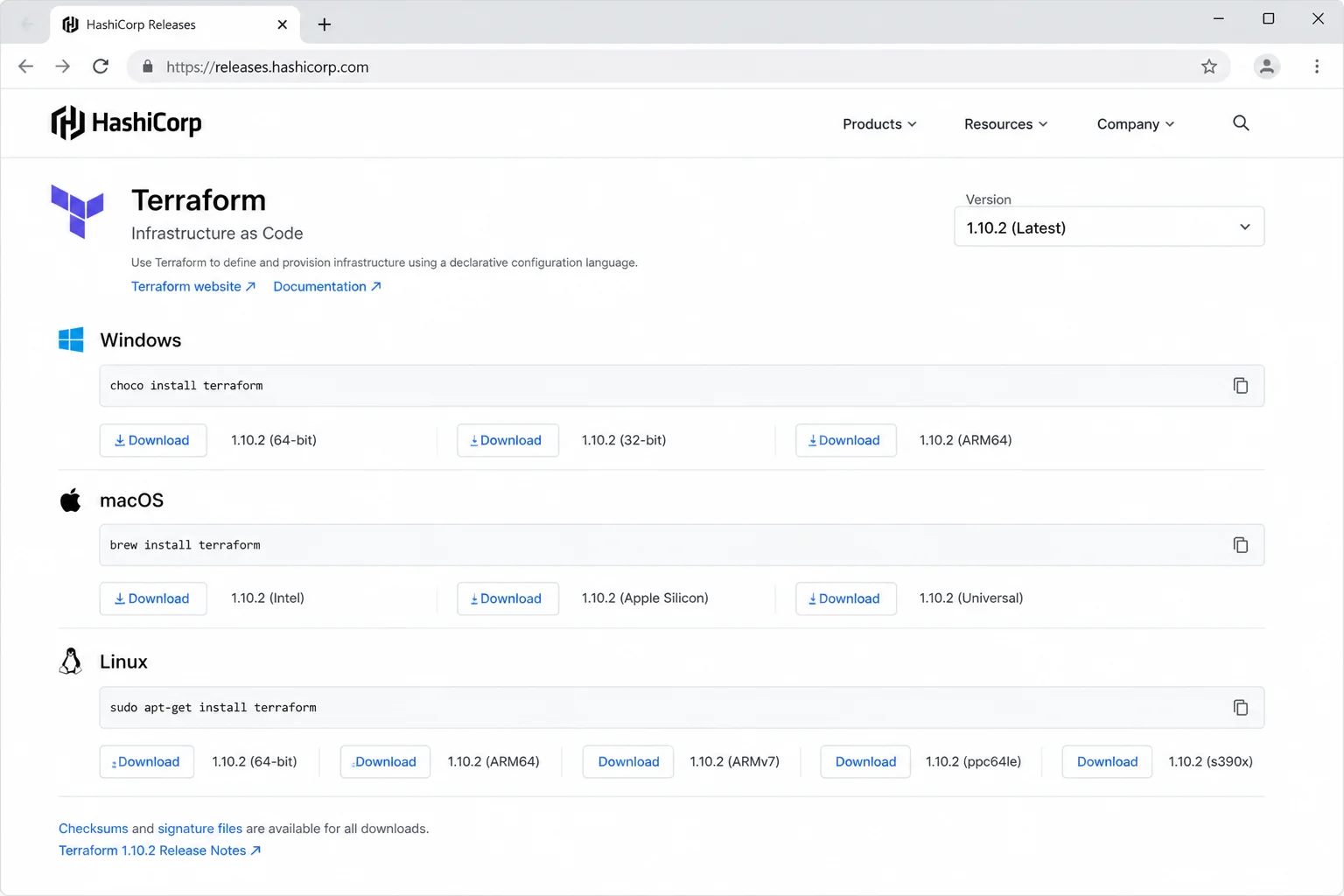 Official HashiCorp Terraform releases page listing available stable versions for Windows, macOS, and Linux