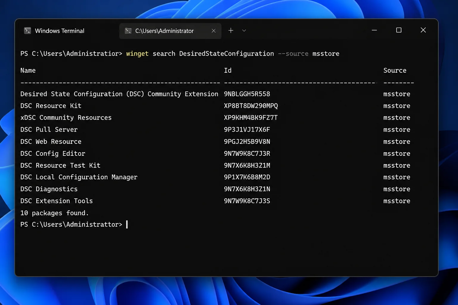 Windows Terminal output of `winget search DesiredStateConfiguration --source msstore` showing the package name, ID, and source