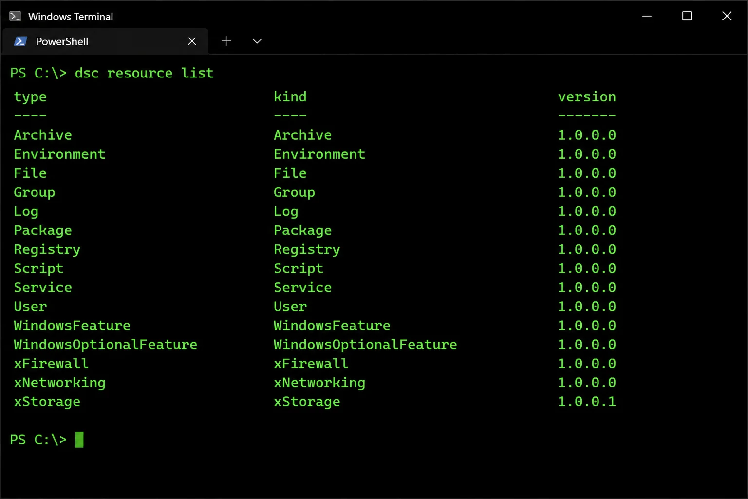 Windows Terminal output of `dsc resource list` after installation, showing the list of available DSC resources