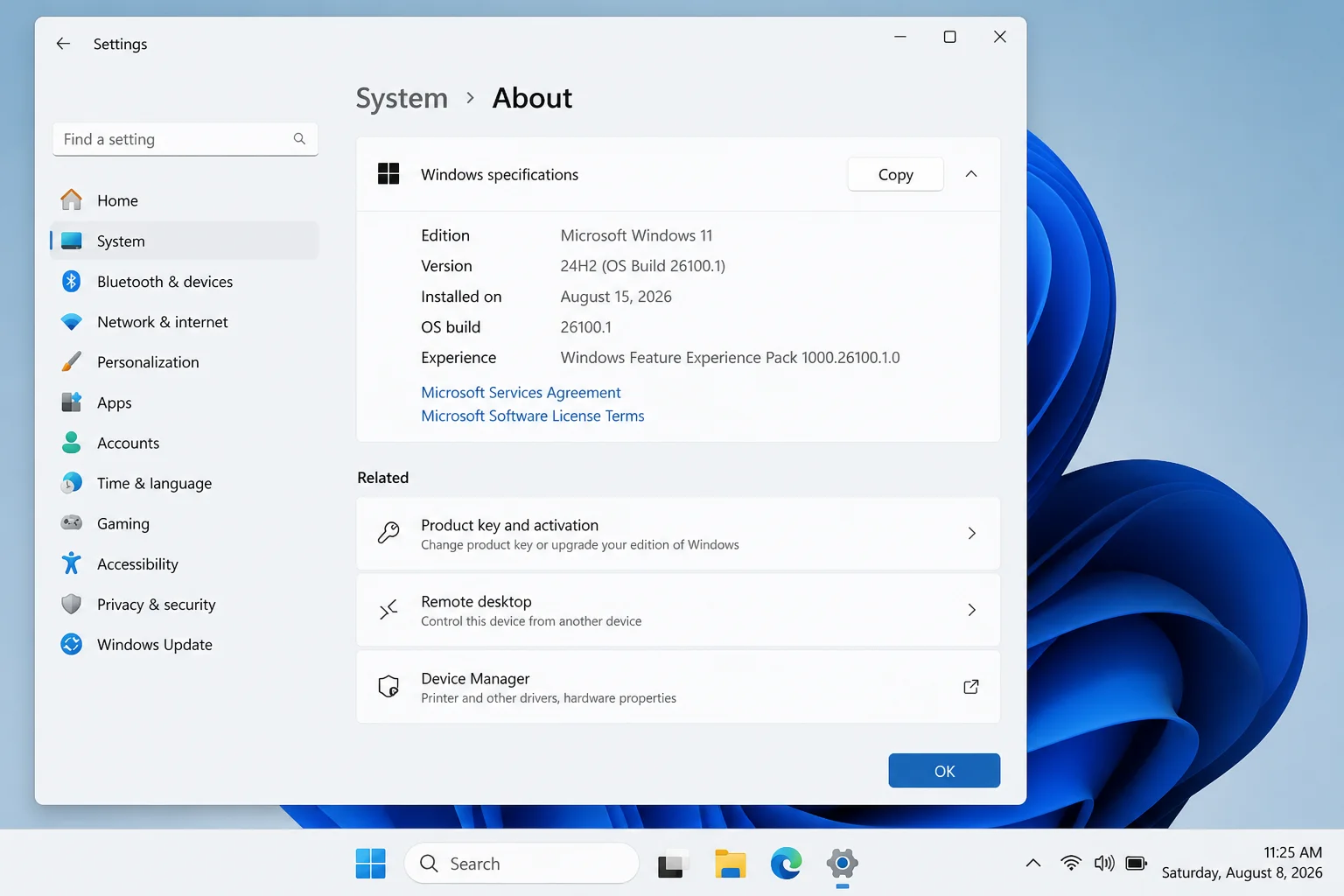 Windows Settings About page showing OS build and version, used to confirm WinGet and DSC v3 prerequisites are met