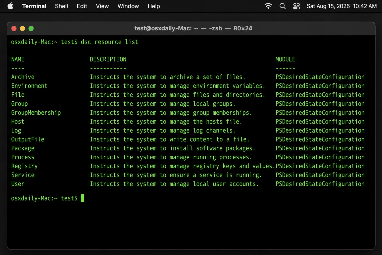 Terminal output of `dsc resource list` on macOS after manually installing the DSC v3 binary, showing available resources