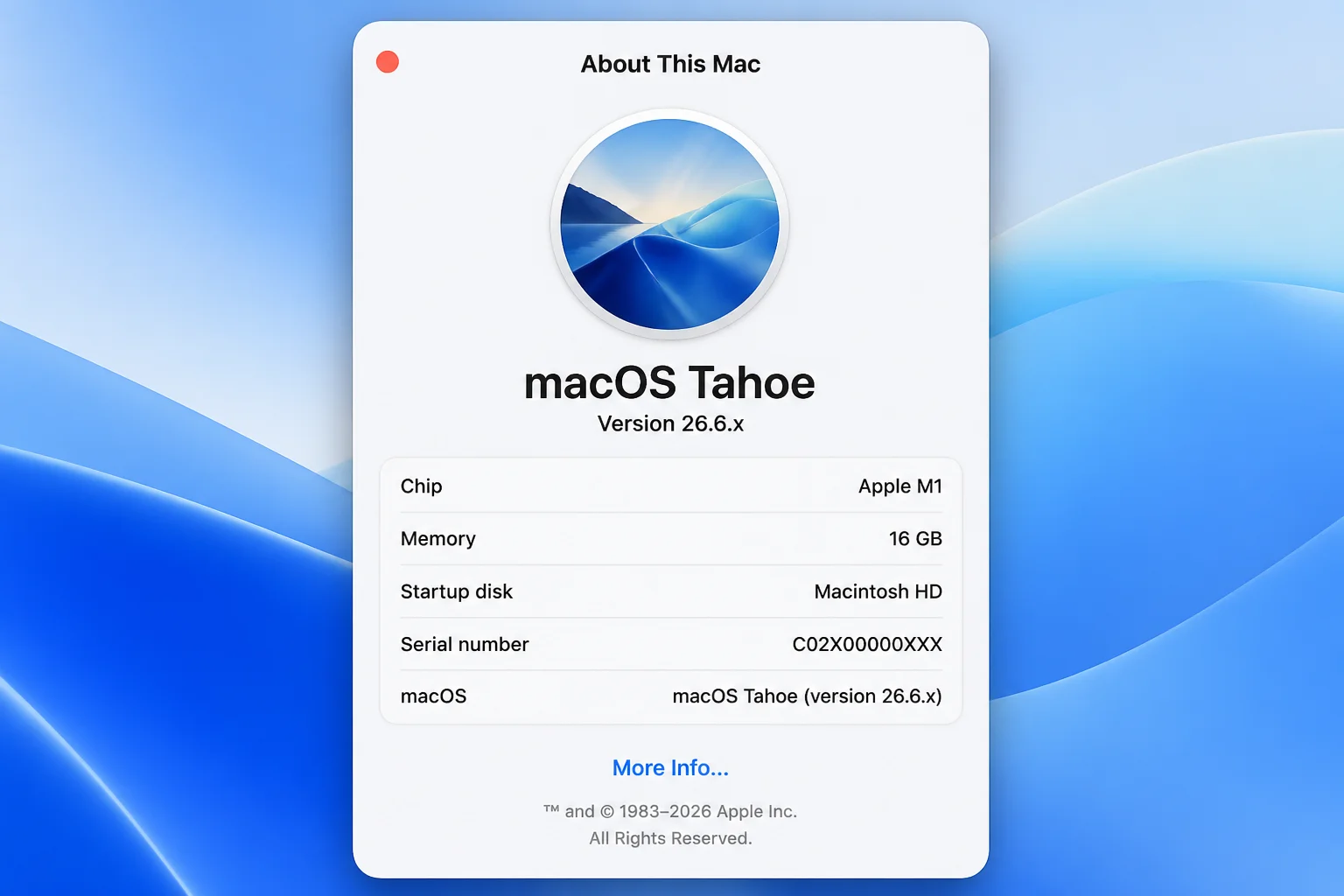 macOS System Settings General > About page showing macOS version, used to confirm compatibility for the manual DSC v3 binary install