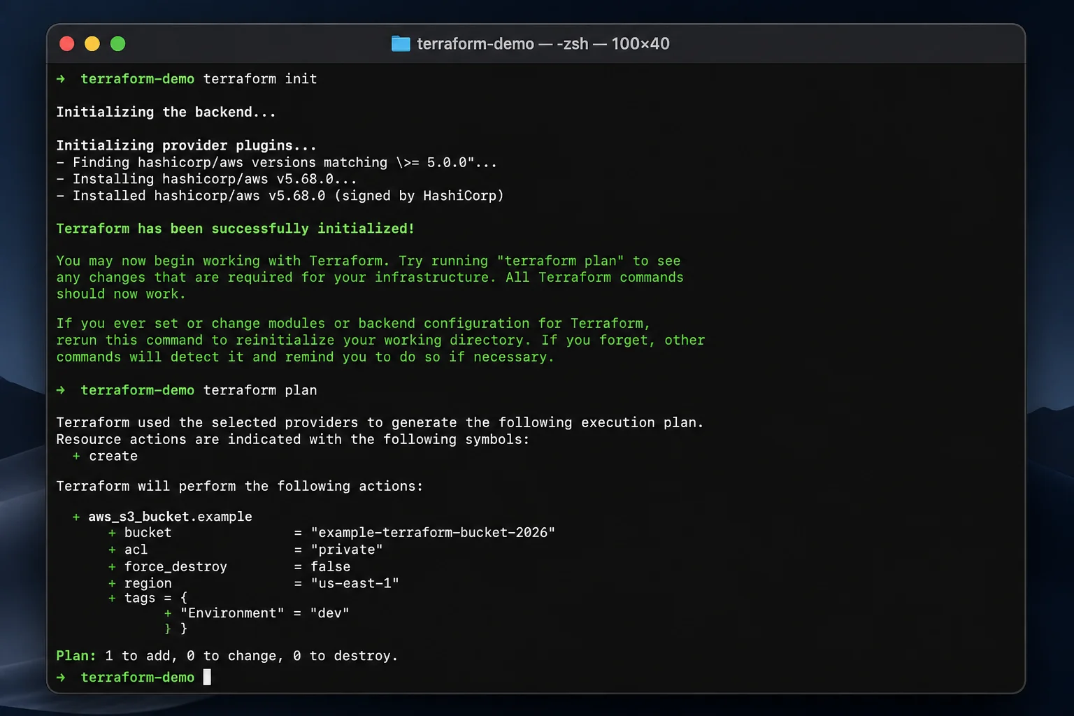 Terminal output of `terraform init` followed by `terraform plan` in a sample working directory, showing provider initialization and a plan listing one resource to be created